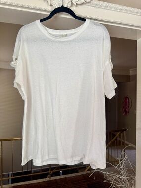 Hayden White Crewneck Tee with Teal Logo Tag